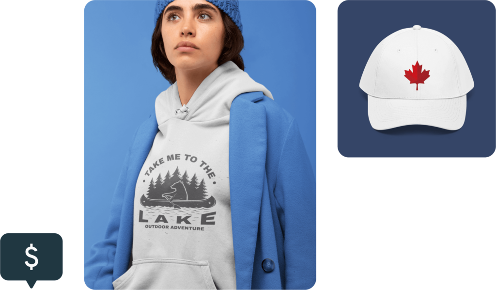 A display of Canadian-themed apparel – a cap with a maple leaf design, and a custom hoodie with a mountain, lake, and a bear.